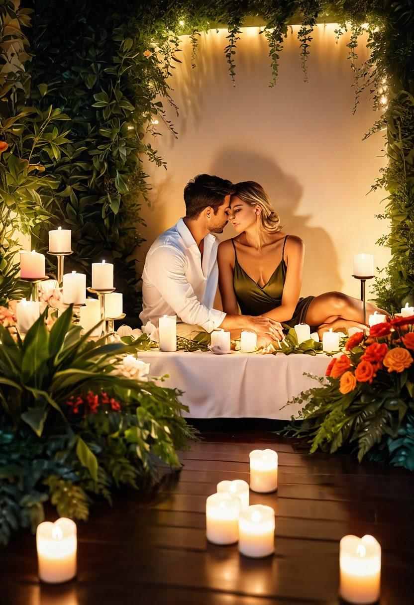 A serene and inviting setting featuring a couple enjoying a moment of intimacy, surrounded by soft, warm lighting and lush greenery. Elements symbolizing love and desire, such as heart-shaped candles and blooming flowers, are present. The atmosphere conveys a sense of tranquility and connection. Warm color palette with inviting textures. super-realistic. vibrant colors. soft focus.