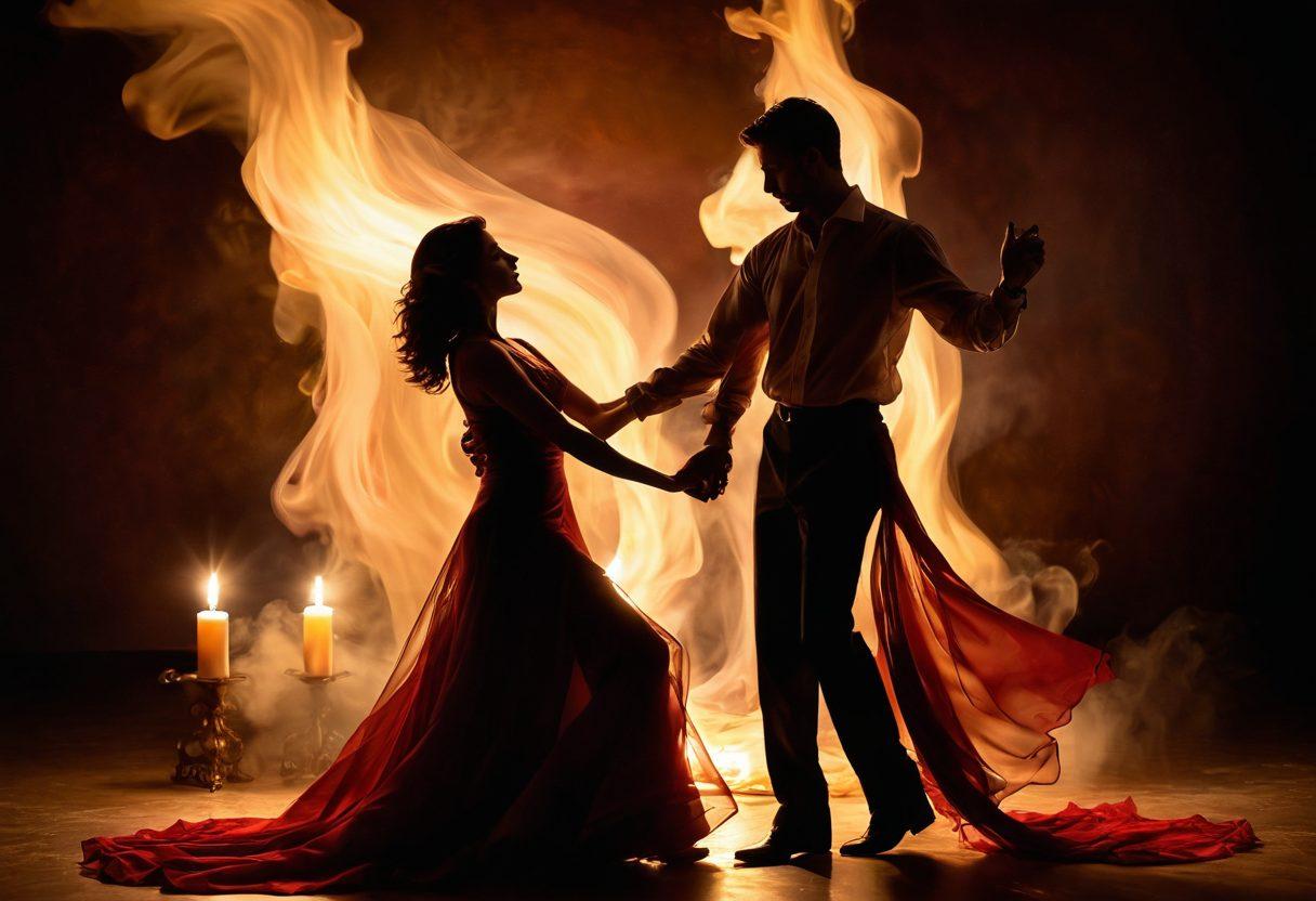 A passionate couple engaged in a dance under warm candlelight, surrounded by swirling shadows that symbolize desire and intimacy. Their expressions are filled with connection and allure, while soft fabrics and rich colors like deep reds and golds create an inviting atmosphere. Wisps of smoke weave through the air, representing the enchanting essence of seduction. elegant art style. rich textures. warm tones.