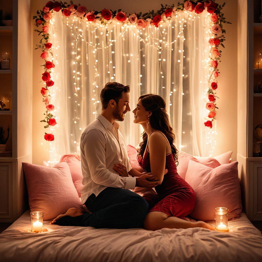 A warm, intimate setting featuring a couple sharing a passionate moment, surrounded by soft candlelight and plush pillows. The background includes subtle, romantic decorations like hanging fairy lights and rose petals to enhance the mood. Include a sense of connection and tenderness between the couple, with gentle expressions and soft body language. The color palette should be rich and warm, emphasizing reds, pinks, and golds. super-realistic. vibrant colors. cozy atmosphere.